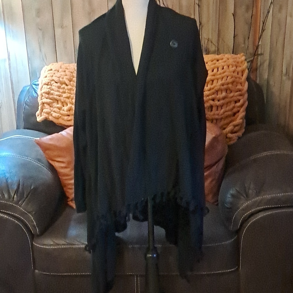 Matilda Jane Warm Smile Black Cardigan Sweater Fringe Size L Knit Preowned